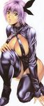  1girl areolae ayane ayane_(doa) boots breasts dead_or_alive hairband homare_(fool&#039;s_art) homare_(fool's_art) kneeling large_breasts legs looking_at_viewer no_bra purple_eyes purple_hair serious short_hair simple_background solo tecmo thigh_boots thighhighs thighs white_background 