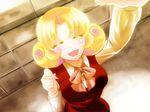  bad_id bad_pixiv_id blonde_hair blush closed_eyes curly_hair dress elly happy headwear_removed long_sleeves maro4 open_mouth red_dress ribbon short_hair smile solo touhou touhou_(pc-98) 