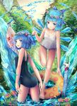  alternate_costume ass bare_legs bare_shoulders barefoot blue_eyes blue_hair blush bow cirno cucumber fantasy flower hair_bobbles hair_bow hair_ornament head_wreath highres hourainingyou ice icicle innertube kawashiro_nitori looking_at_viewer mechanical_arm multiple_girls nature one-piece_swimsuit partially_submerged school_swimsuit short_hair smile swimsuit touhou two_side_up water waterfall wreath 