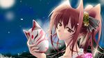  blush brown_hair fox_mask hair_ornament hair_ribbon hina_asuka japanese_clothes kimono long_hair mask memories_off night night_sky ponytail purple_eyes ribbon sky smile solo star sushu 