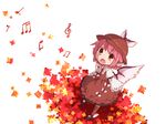  animal_ears autumn_leaves bow brown_dress brown_eyes dress earrings hat jewelry long_sleeves music musical_note mystia_lorelei open_mouth pink_hair shirt short_hair singing solo touhou wide_sleeves wings yamabuki_(yusuraume) 