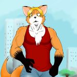  biceps big_muscles blonde_hair canine chest_tuft city clothing cute eyes fox fur hair invalid_color looking_at_viewer male mammal morenatsu muscles orange_fur outside pecs pectorals red shirt solo strong surprise tank_top tree tuft white_fur 