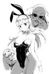  1girl animal_ears areolae black_legwear breasts bulma bunny_ears bunnysuit cleavage detached_collar dragon_ball dragon_ball_(classic) greyscale kimura_daisuke large_breasts monochrome muten_roushi oolong pantyhose pig sketch smile sunglasses wrist_cuffs 