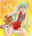  39 aqua_eyes aqua_hair bandaid baseball_cap basketball basketball_uniform blush character_name hair_ribbon hat hatsune_miku holding long_hair looking_at_viewer mayo_riyo ribbon shoes smile sneakers socks solo sportswear sweatband twintails very_long_hair vocaloid white_legwear 