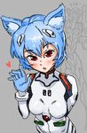  animal_ears ayanami_rei blue_hair blush bodysuit breasts cat_ears eva_00 hair_ornament heart kemonomimi_mode kiriririn neon_genesis_evangelion paw_pose plugsuit red_eyes short_hair solo waving 