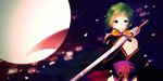  bare_shoulders bat_wings blue_eyes full_moon goggles goggles_around_neck green_hair gumi highres japanese_clothes katana looking_at_viewer momoiro_oji moon night obi sash short_hair smile solo sword vocaloid weapon wings 