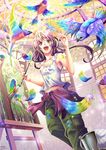  :d bare_shoulders bird brown_hair bucket collarbone colorful feathers holding kisaragi_seika long_hair open_mouth original paintbrush painting painting_(object) smile solo tank_top yellow_eyes 