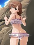  ass back bare_shoulders bikini blush brown_eyes brown_hair butt_crack cloud day dimples_of_venus frilled_bikini frills from_behind hair_ornament hairclip highres looking_back mameshiba misaka_mikoto polka_dot polka_dot_bikini polka_dot_swimsuit shiny shiny_skin short_hair sky solo swimsuit to_aru_kagaku_no_railgun to_aru_majutsu_no_index 