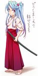 aya_shachou blue_hair blush character_request copyright_request gradient_hair hakama hand_on_hip highres japanese_clothes long_hair looking_at_viewer multicolored_hair ponytail purple_hair red_eyes red_hakama solo sword tabi translation_request weapon 