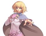  al_(spectral_force) artist_request blonde_hair blue_eyes cape dress earrings expressionless jewelry official_art pink_dress short_hair solo spectral_(series) spectral_force white_background 