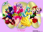  4girls ;d artist_request blue_eyes blue_hair boots bow breasts bridal_gauntlets copyright_name dancing_blade dress green_hair hair_bow japanese_clothes kendama kijime_(dancing_blade) kimono large_breasts long_hair low-tied_long_hair momohime_(dancing_blade) multiple_girls nayotake_(dancing_blade) official_art oinu_(dancing_blade) one_eye_closed open_mouth orange_hair pink_bow pink_kimono ponytail purple_eyes purple_hair rainbow sandals short_hair short_kimono short_yukata skirt smile socks wallpaper yellow_dress yukata 