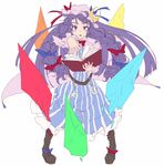  aya_shachou belt book boots bow braid crescent glyph hair_bow hat long_hair long_sleeves looking_at_viewer open_mouth outstretched_arm patchouli_knowledge purple_eyes purple_hair solo touhou twin_braids 
