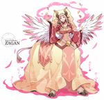  animal_ears ars_goetia braid breasts bridal_gauntlets brown_hair centauroid character_name coin dress full_body horns kyousaku large_breasts long_hair md5_mismatch monster_girl mygrimoire purple_eyes smile solo tabard veil white_background wings zagan_(mygrimoire) 