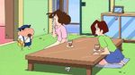  1boy 2girls animated animated_gif chinese crayon_shin-chan hat hatogaya_micchi lowres multiple_girls nohara_misae nohara_shinnosuke school_uniform subtitle 