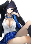  blue_eyes blue_hair breasts large_breasts long_hair necktie open_clothes open_shirt plaid plaid_skirt pupps shirt skirt solo thighs touma_kazusa white_album_2 