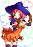  adjusting_clothes adjusting_hat alice_wishheart black_legwear bow breasts bucchake_(asami) choker gloves green_eyes hat heart heart_background large_breasts magical_halloween one_eye_closed orange_skirt pink_hair pointing ribbon short_hair skirt smile solo thighhighs witch_hat yellow_bow zettai_ryouiki 