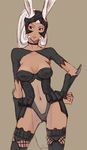  animal_ears artist_request breasts bunny_ears center_opening choker dark_skin ears_through_headwear final_fantasy final_fantasy_xii fran hand_on_hip helmet long_hair medium_breasts navel red_eyes revealing_clothes see-through solo thighhighs vambraces viera white_hair 