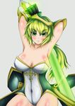  armor arms_up breasts cross genderswap glowing green_eyes green_hair helmet kago_(htpxr) large_breasts league_of_legends master_yi navel short_hair solo sword weapon 