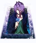 bad_id bad_pixiv_id banned_artist blue_flower blue_rose collarbone flower garry_(ib) hair_over_one_eye holding holding_flower ib long_sleeves looking_at_viewer male_focus multicolored_hair picture_frame purple_eyes purple_hair rose smile solo suisen two-tone_hair 