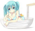  aqua_eyes aqua_hair bad_id bad_pixiv_id bowl bra breasts chopsticks cleavage eating food hatsune_miku in_bowl in_container in_food large_breasts long_hair minigirl noodles panties rubber_duck simple_background solo sumisaki_yuzuna underwear underwear_only vocaloid white_background 