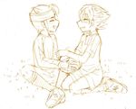  bad_id bad_pixiv_id ball blush cr72 endou_mamoru gloves goalkeeper grin headband inazuma_eleven_(series) inazuma_eleven_go lightning_bolt male_focus matsukaze_tenma monochrome multiple_boys sitting sketch smile soccer_uniform sportswear 