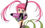 artist_request bow_(weapon) chelsea_torn gloves green_eyes hair_ornament hairpin long_hair midriff navel official_art pink_hair pointing ponytail serious solo split_ponytail tales_of_(series) tales_of_destiny weapon white_background 