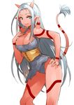  bad_id bad_pixiv_id blue_eyes breasts cleavage dragon_quest dragon_quest_x fur gan_(shanimuni) hand_on_hip hand_on_own_chest highres horns large_breasts long_hair navel ogre_(dq10) pointy_ears red_skin silver_hair sketch solo spikes tail tattoo 
