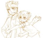  bad_id bad_pixiv_id cr72 endou_mamoru grin headband inazuma_eleven_(series) inazuma_eleven_go male_focus matsukaze_tenma monochrome multiple_boys sketch smile white_background 