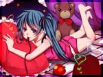  apple aqua_hair bare_legs barefoot blue_eyes camisole cushion food fruit hair_ribbon hatsune_miku long_hair looking_at_viewer lying maka mouth_hold on_stomach panties ribbon romeo_to_cinderella_(vocaloid) solo stuffed_animal stuffed_toy teddy_bear underwear vocaloid 