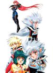  80s armor black_armor blonde_hair blue_bodysuit bodysuit brown_eyes crossed_arms drill_hair green_eyes green_hair highres hirano_toshihiro iczer-1 iczer-2 iczer-3 iczer_(series) iczer_densetsu kanou_nagisa long_hair multiple_girls official_art oldschool pointy_ears red_eyes red_hair scan short_hair smile tatakae!!_iczer-1 v white_background white_hair 