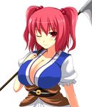 ash_(pixiv) breasts cleavage collarbone huge_breasts one_eye_closed onozuka_komachi puffy_sleeves red_eyes red_hair scythe short_hair short_sleeves smile solo touhou two_side_up weapon white_background 