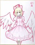  :d ahoge artist_name blonde_hair bow earlgrey gengetsu hair_bow long_sleeves low_wings no_nose open_mouth puffy_sleeves red_eyes shikishi short_hair simple_background smile solo touhou touhou_(pc-98) traditional_media v-shaped_eyebrows white_background white_wings wings 