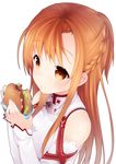  :t asuna_(sao) bare_shoulders blush braid brown_eyes brown_hair detached_sleeves eating eyebrows_visible_through_hair food food_on_face hamburger hase_neet holding long_hair simple_background solo sword_art_online upper_body white_background 