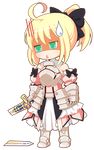  :&lt; ahoge armor armored_dress artoria_pendragon_(all) blonde_hair bow broken broken_sword broken_weapon caliburn chibi dress fate/stay_night fate/unlimited_codes fate_(series) full_body gauntlets green_eyes hair_bow kanda_(squall-rinoa) long_hair ponytail saber saber_lily shaded_face solo sweatdrop sword transparent_background weapon 