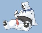  bear black_eyes black_nose blue_background blush clothing erection fur male mammal paws penis plain_background polar_bear polar_bear_cafe scarf seth-iova shirokuma shirokuma_cafe sitting solo white_fur 