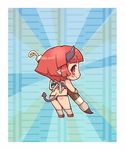  blush chibi copyright_request horns looking_at_viewer looking_back oversized_object red_eyes red_hair sankuma smile solo tail wings 