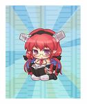  between_breasts book breasts chibi cleavage copyright_request glasses large_breasts necktie personification pointy_ears purple_eyes red_hair sankuma solo thighhighs 