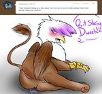  2012 anus avian beak blush brown_hair english_text female feral friendship_is_magic gilda gilda_(mlp) gryphon hair mrfatcakes my_little_pony plain_background pussy solo text tumblr yellow_eyes 