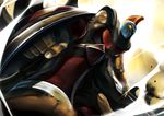  armor cape donarudo dutch_angle glowing glowing_eyes helmet highres league_of_legends male_focus muscle pantheon_(league_of_legends) polearm shield solo spear weapon yellow_eyes 