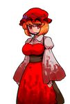  aki_minoriko alternate_hair_color breasts food fruit grapes hat large_breasts long_sleeves mono_(moiky) open_mouth orange_hair puffy_sleeves red_eyes solo sweatdrop touhou transparent_background wide_sleeves 