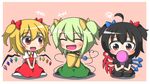  ahoge alternate_hairstyle ascot asymmetrical_wings black_dress black_legwear blonde_hair blush bow chibi closed_eyes dress fang feiton flandre_scarlet green_hair hair_bow hand_mirror highres houjuu_nue komeiji_koishi mirror multiple_girls no_hat no_headwear open_mouth red_eyes shirt short_hair short_twintails sitting skirt skirt_set smile squiggle stage_connection thighhighs third_eye touhou twintails v_arms wariza wings zettai_ryouiki 