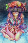  blush breasts crescent hat highres large_breasts long_hair looking_at_viewer nichibotsu_(kitaziman) nightgown patchouli_knowledge pee peeing peeing_self purple_eyes purple_hair sitting solo touhou traditional_media v_arms very_long_hair 