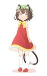  :t animal_ears brown_eyes brown_hair cat_ears cat_tail chen child commentary hat multiple_tails nakashino_setsu pout short_hair simple_background solo standing tail touhou white_background 
