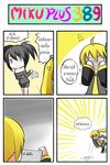  4koma ahoge akita_neru anger_vein black_hair black_legwear black_rock_shooter black_rock_shooter_(character) blonde_hair blue_eyes catstudioinc_(punepuni) comic detached_sleeves hair_ornament handkerchief highres jitome multiple_girls necktie off_shoulder open_mouth shirt shorts side_ponytail skirt smile thai thighhighs translated twintails vocaloid wiping_face 