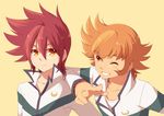  lionet_soma male_focus multiple_boys one_eye_closed orange_hair pegasus_koga red_hair saint_seiya saint_seiya_omega school_uniform simple_background sun_trial yellow_background yellow_eyes 