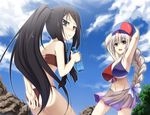  :d alternate_hairstyle armpits arms_up ball beachball bikini black_hair blush bottle braid breasts brown_eyes hair_ornament hairclip highres holding houraisan_kaguya huge_breasts kokuyouseki long_hair looking_at_viewer multiple_girls navel open_mouth ponytail purple_sarong sarong silver_hair single_braid smile swimsuit touhou translucent_sarong water_bottle yagokoro_eirin 