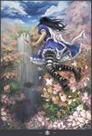  alice:_madness_returns alice_(wonderland) alice_in_wonderland bad_id bad_pixiv_id black_hair boots bow cloud day dress flower frills highres knife moie pantyhose solo striped striped_legwear water waterfall 