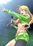  ahoge belly_chain blonde_hair blush green_eyes hoshii_miki idolmaster idolmaster_(classic) jacket jewelry legwear_under_shorts long_hair microphone midriff nishi_(count2.4) open_mouth pantyhose shorts solo sweat 