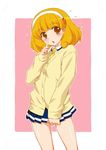  :o blonde_hair blush cardigan finger_to_mouth flying_sweatdrops hairband index_finger_raised kazuma_muramasa kise_yayoi nanairogaoka_middle_school_uniform necktie outline pleated_skirt precure red_eyes school_uniform short_hair skirt smile_precure! solo white_hairband 