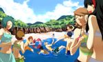  5girls ^_^ amagi_yukiko aqua_hair bad_id bad_pixiv_id ball beach beachball bikini black_hair blue_hair blue_sky brown_hair closed_eyes cloud day evoker female_protagonist_(persona_3) glasses green_hair grey_hair gun_to_head hairband hanamura_yousuke hat innertube iori_junpei kicking laughing long_hair male_swimwear multiple_boys multiple_girls narukami_yuu open_mouth outdoors persona persona_3 persona_3_portable persona_4 pink_bikini red_eyes satonaka_chie short_hair siroco sky smile swim_trunks swimsuit swimwear takeba_yukari tarot tears water white_bikini white_swimsuit yamagishi_fuuka yuuki_makoto 